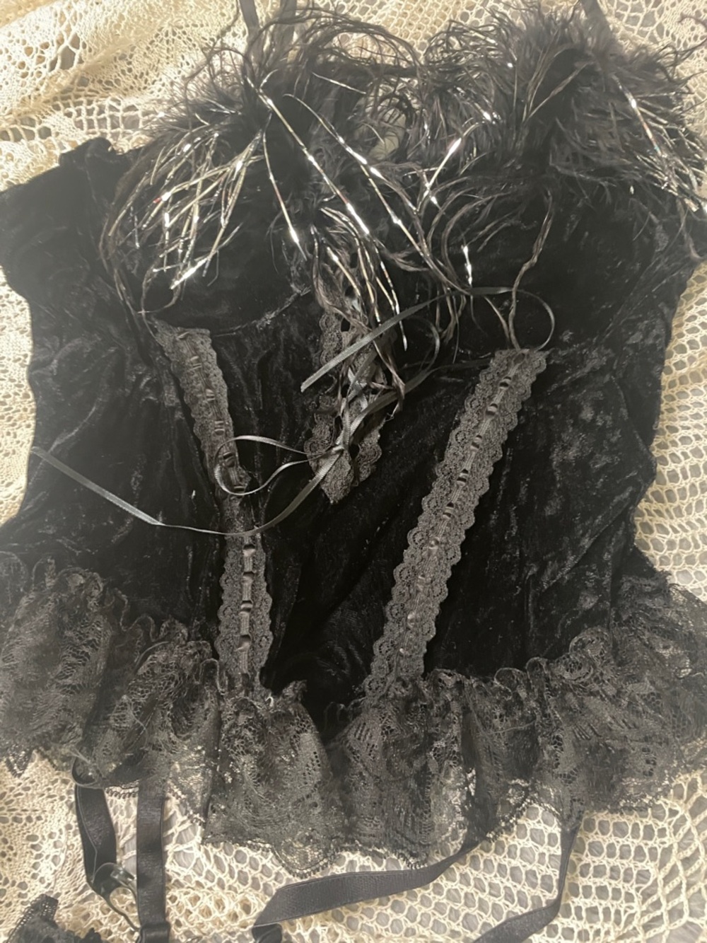 Frederick's of Hollywood Black Velvet Lace-Trim Feather Chemise
